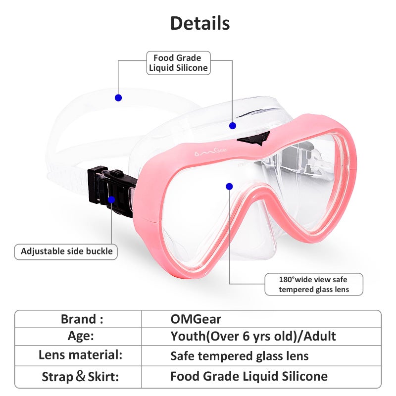 OMGear Diving Mask Snorkeling Gear Kids Adult Snorkel Mask Dive Goggles Silicone Swim Glasses with Nose Cover for Scuba Free Diving Spearfishing Neoprene Strap Cover Impact Resistance (Pink) - Image 2